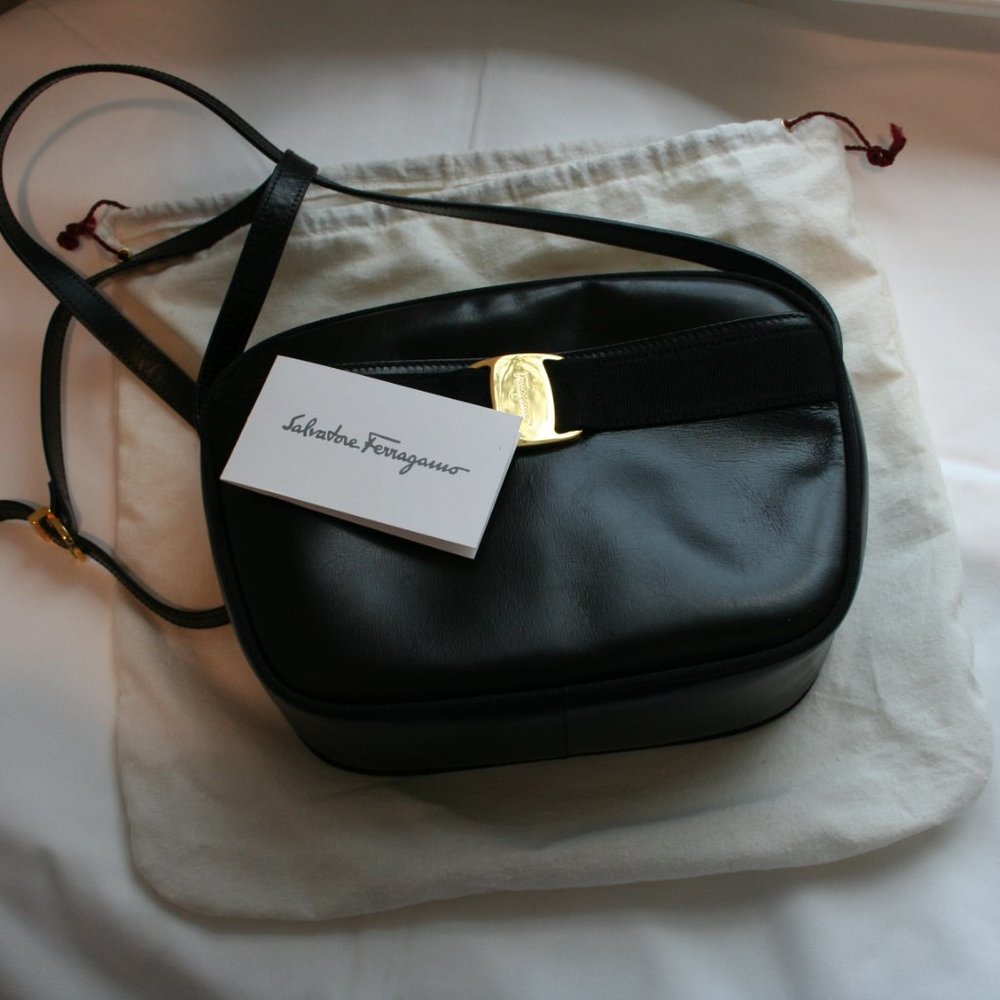 Vintage Ferragamo Black Leather Crossbody Purse